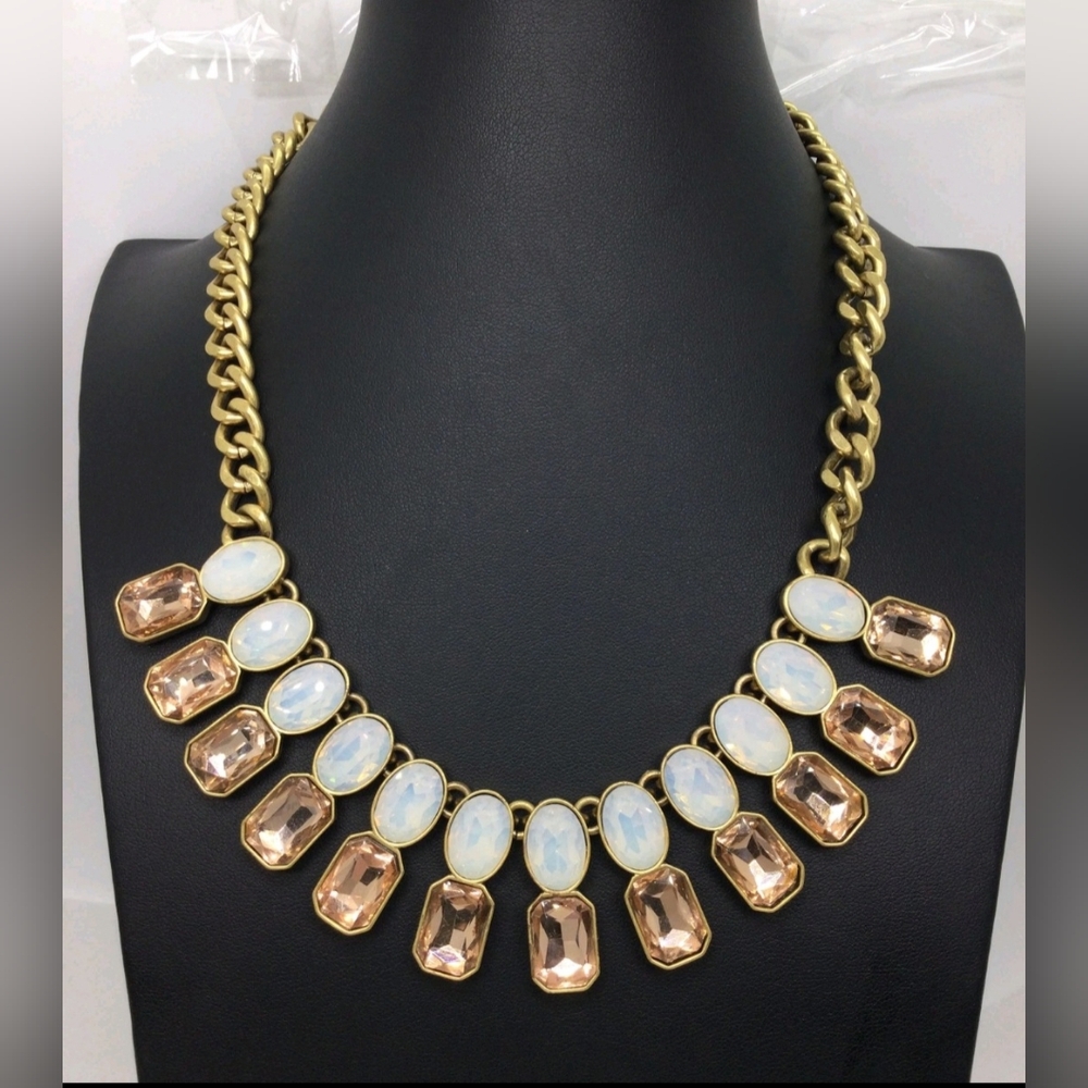 J Crew White & Champagne Rhinestone Statement Necklace EUC